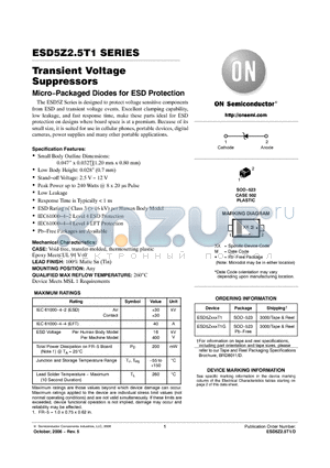 ESD5Z5.0T1 datasheet - Transient Voltage Suppressors Micro−Packaged Diodes for ESD Protection