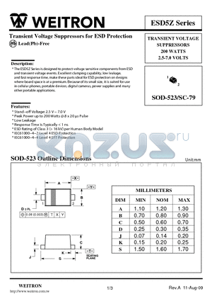 ESD5Z_09 datasheet - Transient Voltage Suppressors for ESD Protection