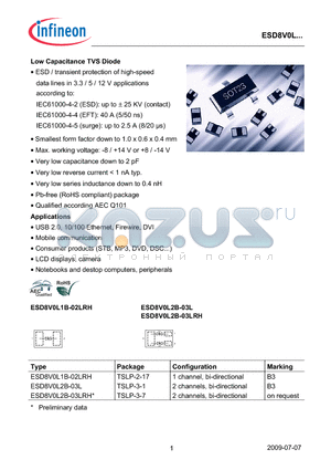 ESD8V0L2B-03L datasheet - Low Capacitance TVS Diode