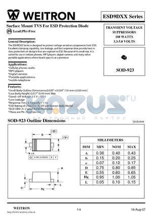 ESD9D5.0 datasheet - Surface Mount TVS For ESD Protection Diode