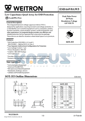 ESDA6V8AW5 datasheet - Low Capacitance Quad Array for ESD Protection