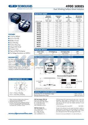 4900 datasheet - Dual Winding Surface Mount Inductors