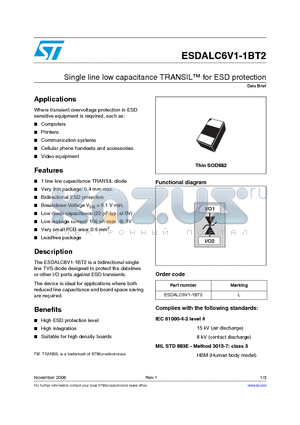 ESDALC6V1-1BT2 datasheet - Single line low capacitance TRANSIL for ESD protection