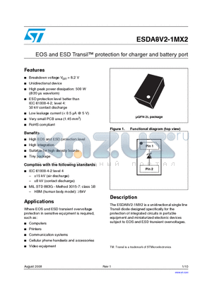 ESDA8V2-1MX2 datasheet - EOS and ESD Transil protection for charger and battery port