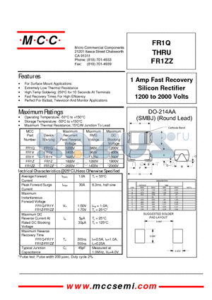 FR1V datasheet - 1 Amp Fast Recovery Silicon Rectifier 1200 to 2000 Volts
