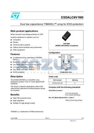 ESDALC6V1M3 datasheet - Dual low capacitance TRANSIL array for ESD protection