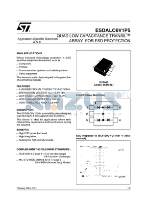 ESDALC6V1P5 datasheet - QUAD LOW CAPACITANCE TRANSIL ARRAY FOR ESD PROTECTION