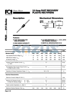 FR20 datasheet - 2.0 Amp FAST RECOVERY PLASTIC RECTIFIERS
