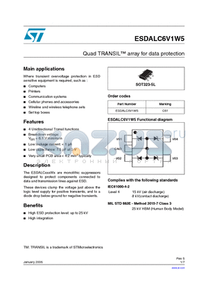 ESDALC6V1W5 datasheet - Quad TRANSIL array for data protection