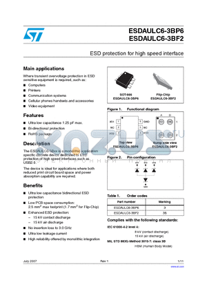 ESDAULC6-3BF2 datasheet - ESD protection for high speed interface