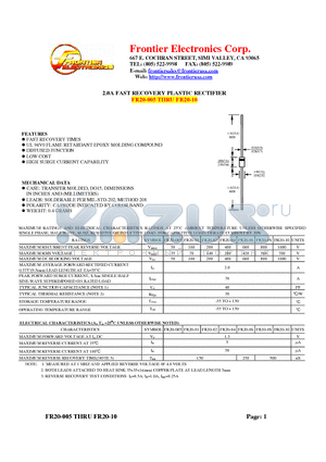 FR20-01 datasheet - 2.0A FAST RECOVERY PLASTIC RECTIFIER