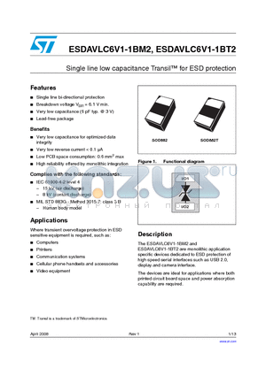 ESDAVLC6V1-1BM2 datasheet - Single line low capacitance Transil for ESD protection