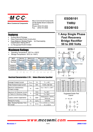 ESDB103 datasheet - 1 Amp Single Phase Fast Recovery Bridge Rectifier 50 to 200 Volts