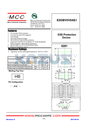 ESDBV5V0AE1 datasheet - For sensitive ESD protection, Low reverse stand-off voltage:5V