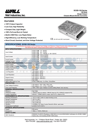 DCSD-150 datasheet - 150 Watt Single Output Chassis Mount DC/DC Converter