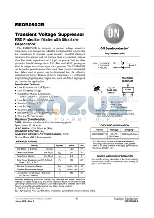 ESDR0502B datasheet - Transient Voltage Suppressor ESD Protection Diodes with Ultra−Low Capacitance