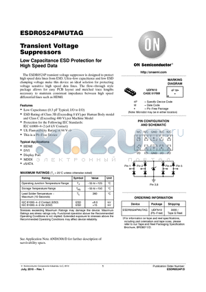 ESDR0524PMUTAG datasheet - Transient Voltage Suppressors Low Capacitance ESD Protection for High Speed Data
