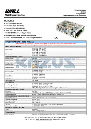 DCSD-50 datasheet - 50 Watt Single Output Chassis Mount DC/DC Converter