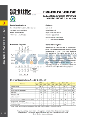 491LP3E datasheet - GaAs MMIC LOW NOISE AMPLIFIER w/ BYPASS MODE, 3.4 - 3.8 GHz