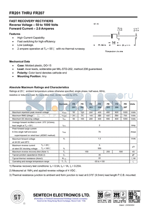 FR201 datasheet - FAST RECOVERY RECTIFIERS