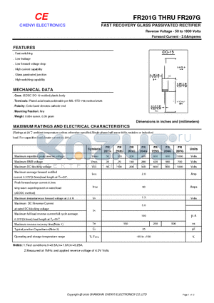 FR201G datasheet - FAST RECOVERY GLASS PASSIVATED RECTIFIER