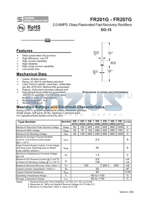 FR201G datasheet - 2.0 AMPS. Glass Passivated Fast Recovery Rectifiers