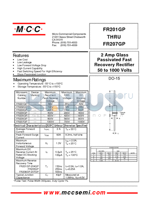 FR201GP datasheet - 2 Amp Glass Passivated Fast Recovery Rectifier 50 to 1000 Volts