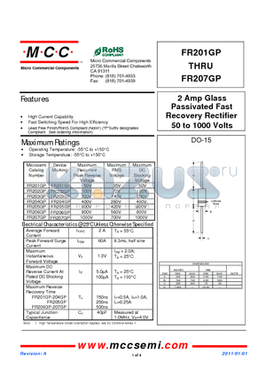 FR201GP datasheet - 2 Amp Glass Passivated Fast Recovery Rectifier 50 to 1000 Volts