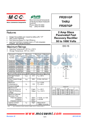 FR201GP_13 datasheet - 2 Amp Glass Passivated Fast Recovery Rectifier 50 to 1000 Volts