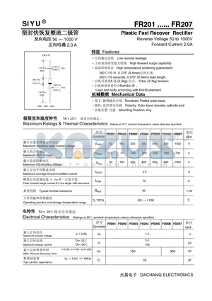 FR202 datasheet - Plastic Fast Recover Rectifier Reverse Voltage 50 to 1000V Forward Current 2.0A