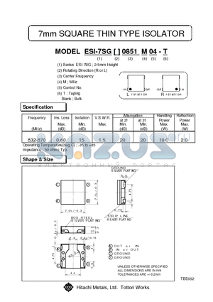 ESI-7SGL0.851M04-T datasheet - 7mm SQUARE THIN TYPE ISOLATOR