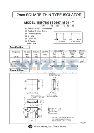 ESI-7SGL0.897M04 datasheet - 7mm SQUARE THIN TYPE ISOLATOR