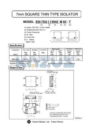 ESI-7SGL0.942M02 datasheet - 7mm SQUARE THIN TYPE ISOLATOR