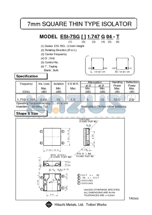 ESI-7SGL1.747G04 datasheet - 7mm SQUARE THIN TYPE ISOLATOR