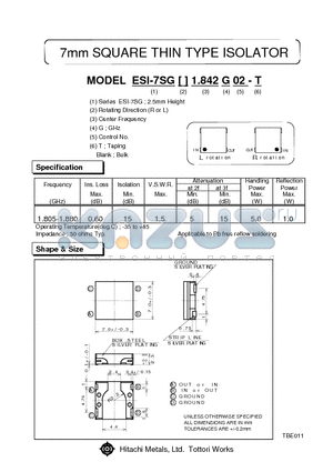 ESI-7SGL1.842G02 datasheet - 7mm SQUARE THIN TYPE ISOLATOR