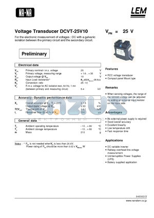 DCVT-25V10 datasheet - Voltage Transducer DCVT-25V10