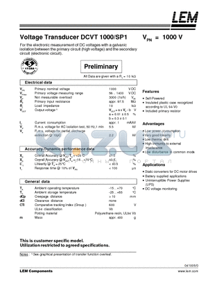 DCVT1000SP1 datasheet - Voltage Transducer