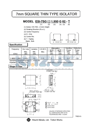 ESI-7SGR1.950G02 datasheet - 7mm SQUARE THIN TYPE ISOLATOR