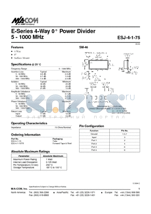ESJ-4-1-75 datasheet - E-Series 4-Way 0 Power Divider 5 - 1000 MHz
