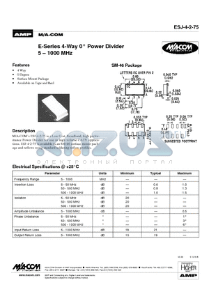 ESJ-4-2-75 datasheet - E-Series 4-Way 0 Power Divider 5 - 1000 MHz