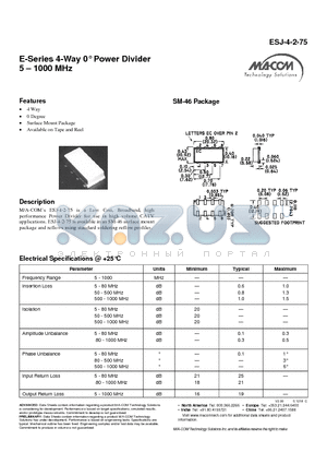 ESJ-4-2-75 datasheet - E-Series 4-Way 0� Power Divider 5 -1000 MHz