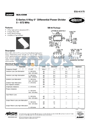 ESJ-4-3-75 datasheet - E-Series 4-Way 0 Differential Power Divider 5 - 872 MHz