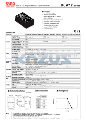 DCW12A-15 datasheet - 12W DC-DC Regulated Dual Output Converter