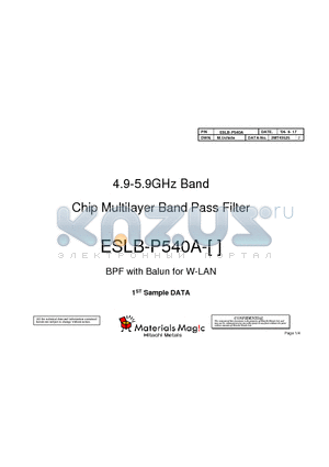 ESLB-P540A datasheet - 4.9-5.9GHz Band Chip Multilayer Band Pass Filter