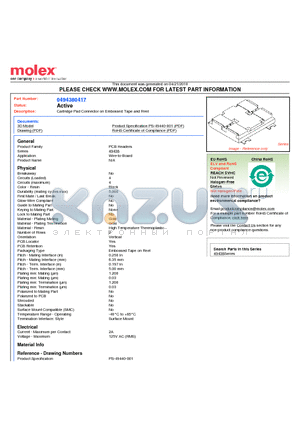 49438-0417 datasheet - Cartridge Pad Connector on Embossed Tape and Reel