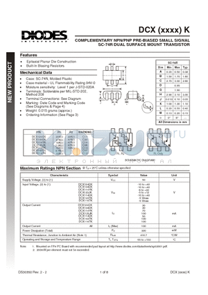 DCX114EK datasheet - COMPLEMENTARY NPN/PNP PRE-BIASED SMALL SIGNAL SC-74R DUAL SURFACE MOUNT TRANSISTOR