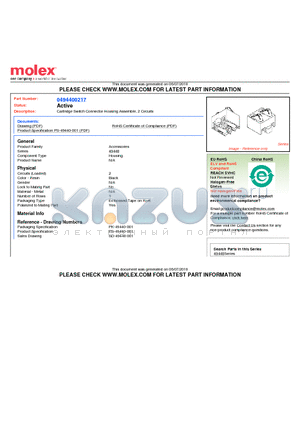 49440-0217 datasheet - Cartridge Switch Connector Housing Assemble, 2 Circuits