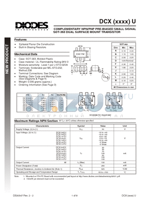 DCX114EU datasheet - COMPLEMENTARY NPN/PNP PRE-BIASED SMALL SIGNAL SOT-363 DUAL SURFACE MOUNT TRANSISTOR