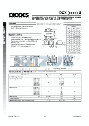 DCX114TU datasheet - COMPLEMENTARY NPN/PNP PRE-BIASED SMALL SIGNAL SOT-363 DUAL SURFACE MOUNT TRANSISTOR