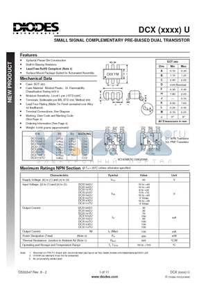 DCX114TU-7-F datasheet - SMALL SIGNAL COMPLEMENTARY PRE-BIASED DUAL TRANSISTOR